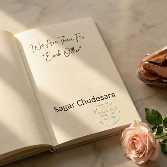 Embossed title page of We Are There For Each Other by Sagar Chudesara, showing the official author library seal with the line “Some stories dont end they stay” and copper embosser beside the book in warm natural light.