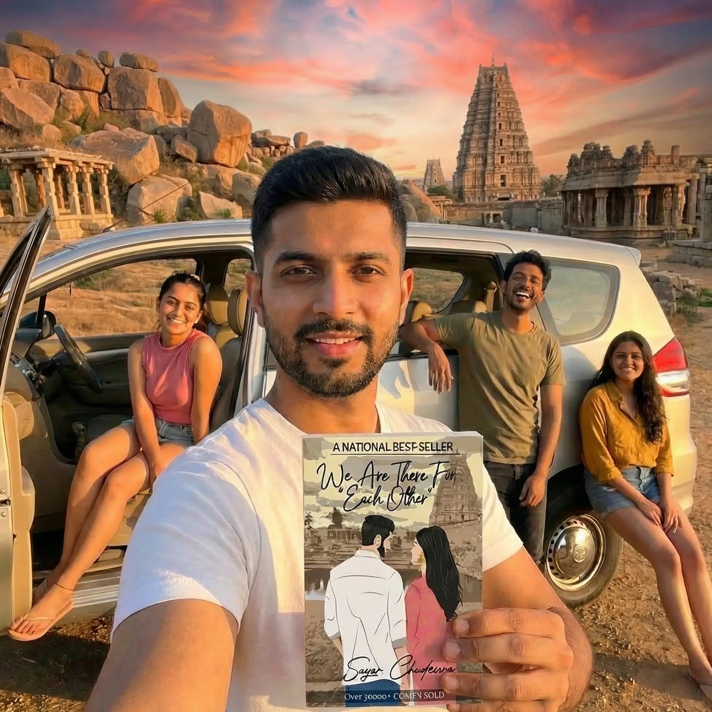 Author Sagar Chudesara holding his national best-seller book 'We Are There For Each Other' in front of a yellow vintage van with friends on a sunny road trip.