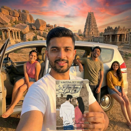 Author Sagar Chudesara holding his national best-seller book 'We Are There For Each Other' in front of a yellow vintage van with friends on a sunny road trip.