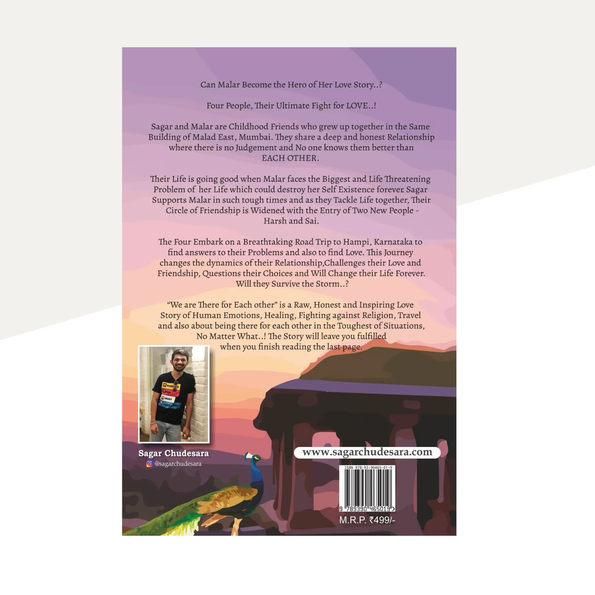 Back cover of 'We Are There For Each Other' by Sagar Chudesara, featuring the story blurb about a road trip to Hampi and a portrait of the author.