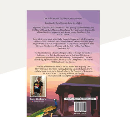 Back cover of 'We Are There For Each Other' by Sagar Chudesara, featuring the story blurb about a road trip to Hampi and a portrait of the author.