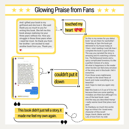 A collage of 5-star reader reviews and 'Glowing Praise from Fans' for the book 'We Are There For Each Other' by Sagar Chudesara. The testimonials highlight the story as emotional, relatable, and one they 'couldn't put it down.'