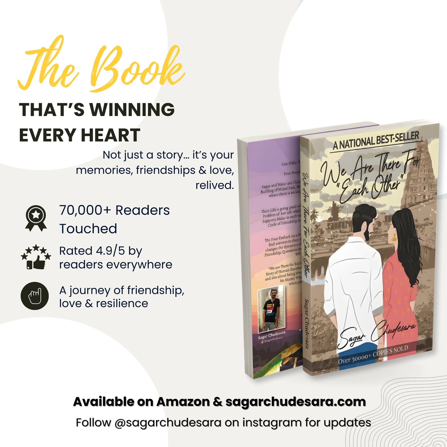Promotional banner for the national best-seller 'We Are There For Each Other' by Sagar Chudesara. Highlights include 70,000+ readers touched, a 4.9/5 reader rating, and a journey of friendship, love, and resilience. Shown available on Amazon and sagarchudesara.com.